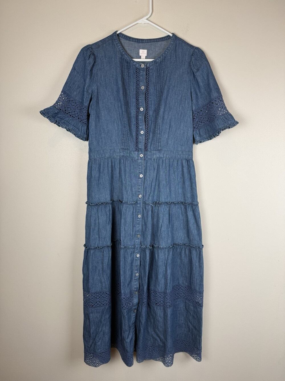 GAP x LoveShackFancy Dark Wash Denim Lace Trim Full Button Tiered Midi Dress S